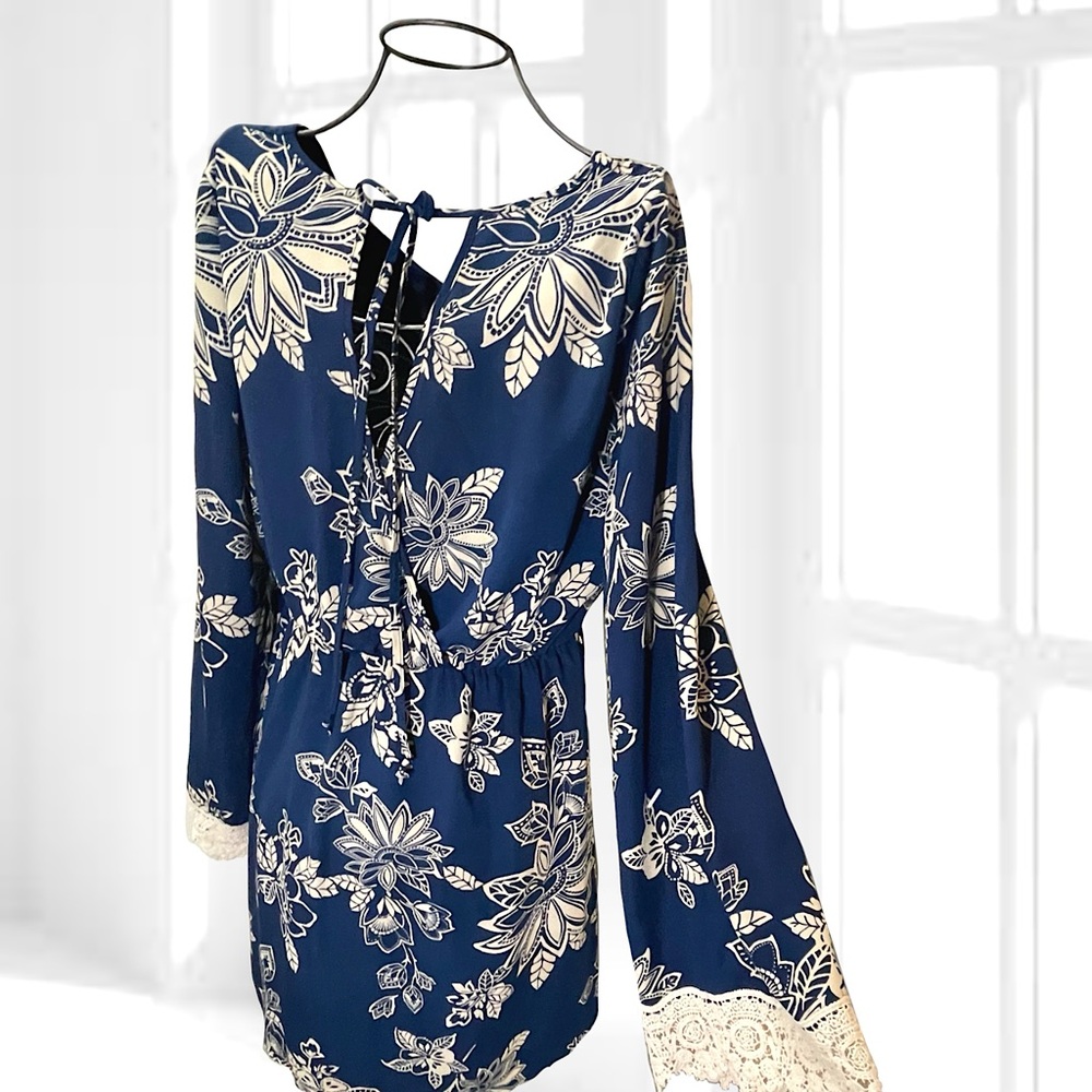 Blue & Cream Floral Bell Sleeve Dress with Crochet Lace Trim